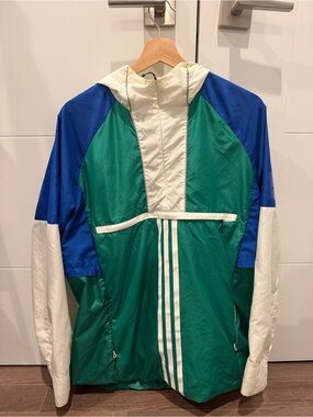 Vintage adidas Green, Blue & White Hooded Windbreaker Jacket